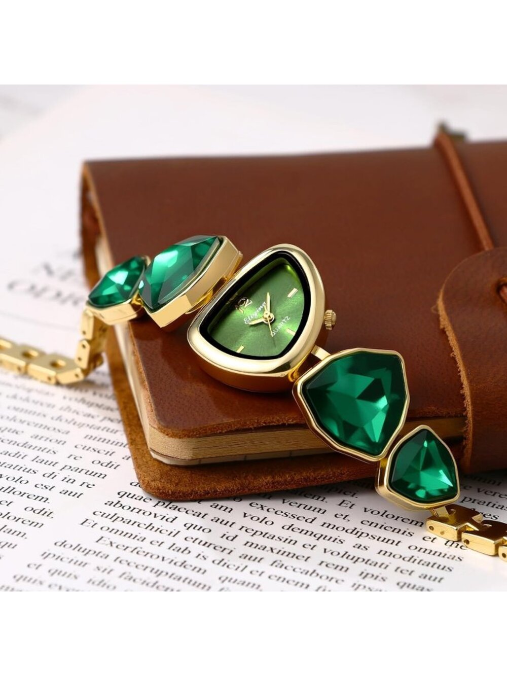 Women's Green Birthstone Bracelet Triangle Dial Quartz Diamonds Strap Watch - Picture 3 of 6